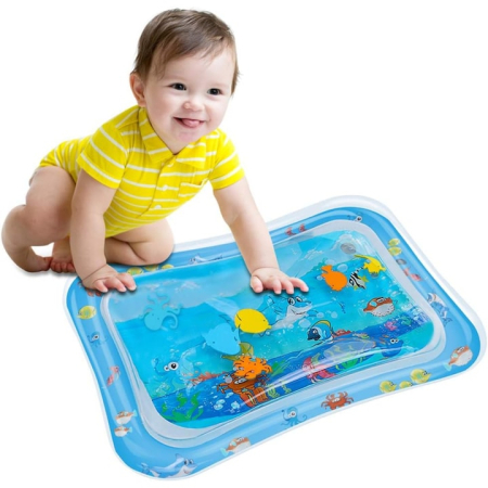 Saltea interactiva cu apa pentru bebelusi VarioShop®, gonflabila, cu animale marine, joaca educativa si dezvoltare senzoriala, dimensiune 60 x 45 cm, Albastru