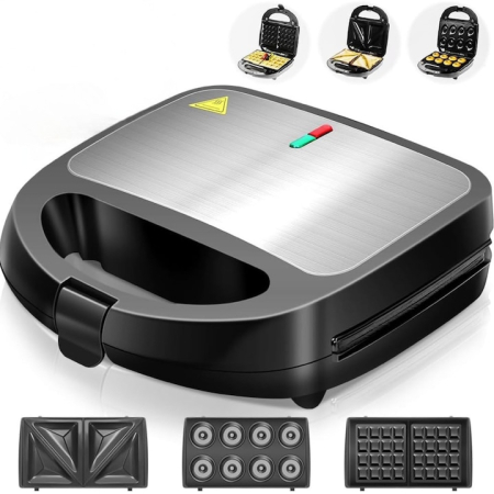 Electrocasnice mici bucatarie - Sandwich-maker 3 in 1 VarioShop®, sandvisuri, vafe si gogosi, putere 850W, termostat automat, tavi detasabile cu invelis antiaderent, negru