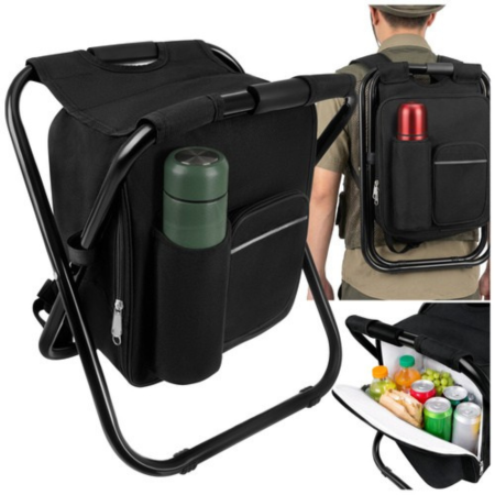 Accesorii camping si drumetii - Scaun pescuit pliabil VarioShop® 3in1, cu rucsac si geanta termoizolanta, rezistenta 150 kg, pliabil, pentru camping, pescuit si drumetii, 36x29x41 cm