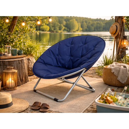 Scaun pliabil tip fotoliu rotund VarioShop®, cadru metalic stabil, diametru 80 cm, design compact si portabil, pentru plaja, gradina, camping si balcon, albastru