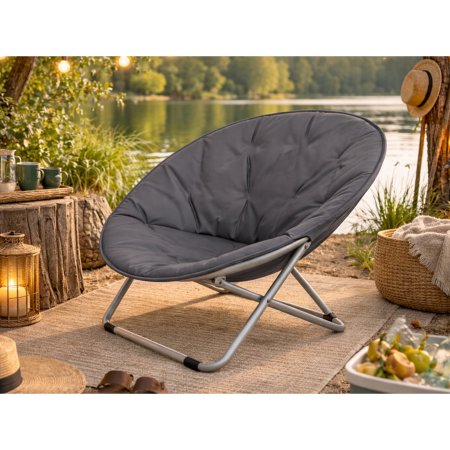 Scaune, mese si umbrele camping - Scaun pliabil tip fotoliu rotund VarioShop®, cadru metalic stabil, diametru 80 cm, design compact si portabil, pentru plaja, gradina, camping si balcon, gri