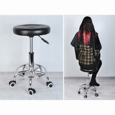 Scaun-taburet pentru Salon VarioShop®, Scaun pentru Cosmetica, Pedichiura, Manichiura, pe baza de Otel cromat, Rotund, cu Pompa hidraulica si Roti, Negru [3]