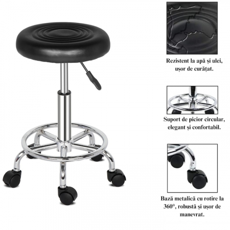 Scaun-taburet pentru Salon VarioShop®, Scaun pentru Cosmetica, Pedichiura, Manichiura, pe baza de Otel cromat, Rotund, cu Pompa hidraulica si Roti, Negru [6]
