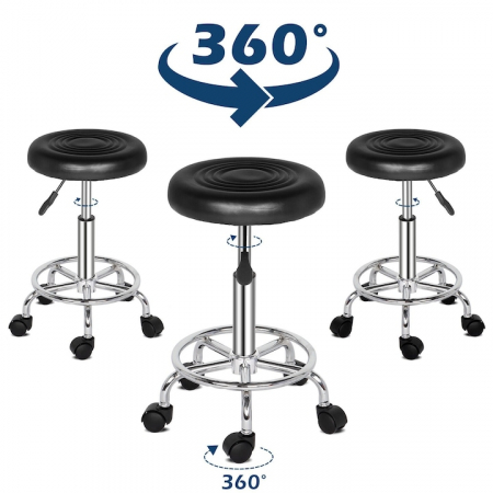 Scaun-taburet pentru Salon VarioShop®, Scaun pentru Cosmetica, Pedichiura, Manichiura, pe baza de Otel cromat, Rotund, cu Pompa hidraulica si Roti, Negru [1]