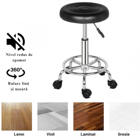 Scaun-taburet pentru Salon VarioShop®, Scaun pentru Cosmetica, Pedichiura, Manichiura, pe baza de Otel cromat, Rotund, cu Pompa hidraulica si Roti, Negru [5]