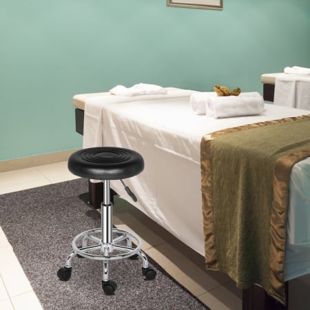 Scaun-taburet pentru Salon VarioShop®, Scaun pentru Cosmetica, Pedichiura, Manichiura, pe baza de Otel cromat, Rotund, cu Pompa hidraulica si Roti, Negru [11]
