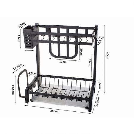 Scurgator de vase pe 2 nivele VarioShop®, cu 4 umerase, suport pentru cutite/tocator/tacamuri, tava scurgere, 40x35x22 cm, negru [1]
