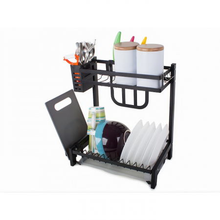 Scurgator de vase pe 2 nivele VarioShop®, cu 4 umerase, suport pentru cutite/tocator/tacamuri, tava scurgere, 40x35x22 cm, negru [11]