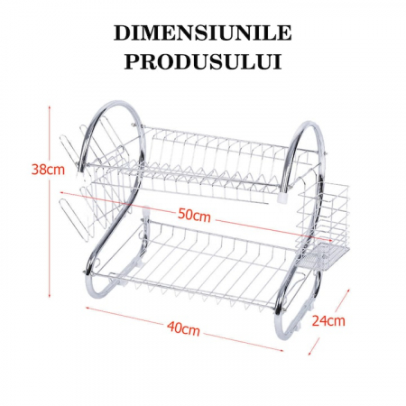 Scurgator de vase supraetajat VarioShop®, cu suport pentru pahare, tacamuri, vase, cu tava pentru scurgere, din otel inoxidabil, dimensiune 38x40x24 cm, argintiu [1]