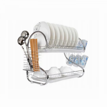 Scurgator de vase supraetajat VarioShop®, cu suport pentru pahare, tacamuri, vase, cu tava pentru scurgere, din otel inoxidabil, dimensiune 38x40x24 cm, argintiu [11]