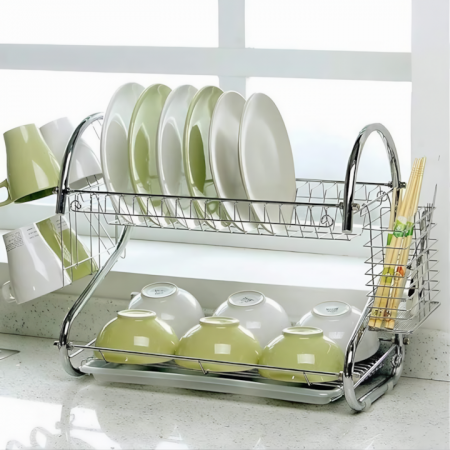 Scurgator de vase supraetajat VarioShop®, cu suport pentru pahare, tacamuri, vase, cu tava pentru scurgere, din otel inoxidabil, dimensiune 38x40x24 cm, argintiu [14]