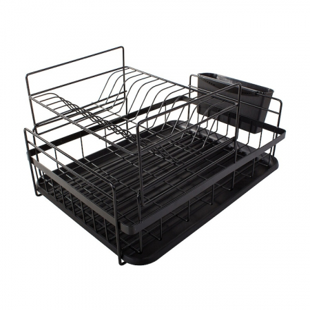 Scurgator de vase supraetajat VarioShop®, cu suport pentru vase, pahare, tacamuri, tava scurgere, dimensiuni 44x32x24 cm, negru [10]