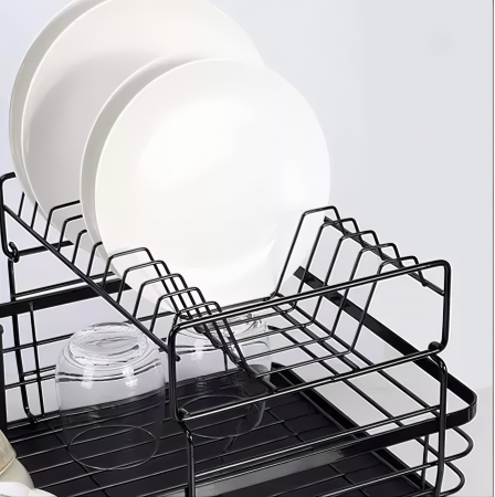Scurgator de Vase VarioShop® doua niveluri, cu suport tacamuri si pahare, tub de scurgere, tava inclusa, metalic, Negru, 43 x 29 x 27 cm [2]