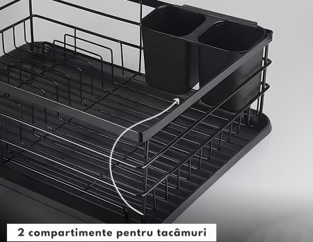 Scurgator de Vase VarioShop® doua niveluri, cu suport tacamuri si pahare, tub de scurgere, tava inclusa, metalic, Negru, 43 x 29 x 27 cm [7]