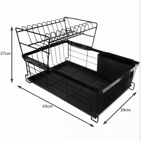 Scurgator de Vase VarioShop® doua niveluri, cu suport tacamuri si pahare, tub de scurgere, tava inclusa, metalic, Negru, 43 x 29 x 27 cm [9]