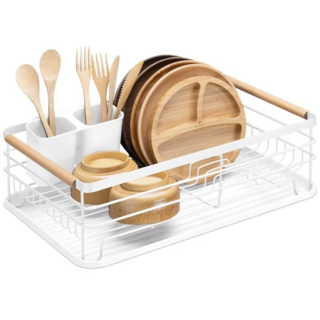 Scurgator vase - Scurgator de Vase VarioShop®, Suport Tacamuri, Metal Cromat, Manere Lemn, Alb, 43 x 30, 5 x 14 cm