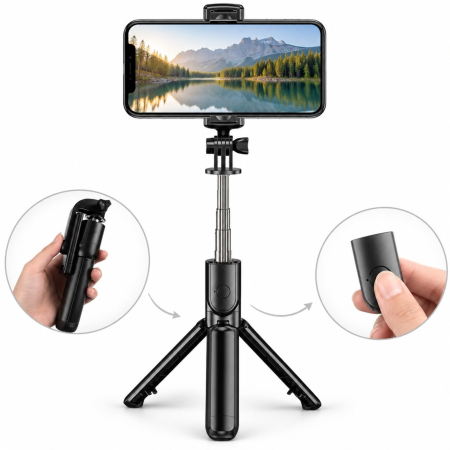 Alte accesorii telefoane - Selfie stick cu trepied VarioShop®, pentru fotografii si filmari, telecomanda Bluetooth, rotire 360°, extensibil pana la 92 cm, negru