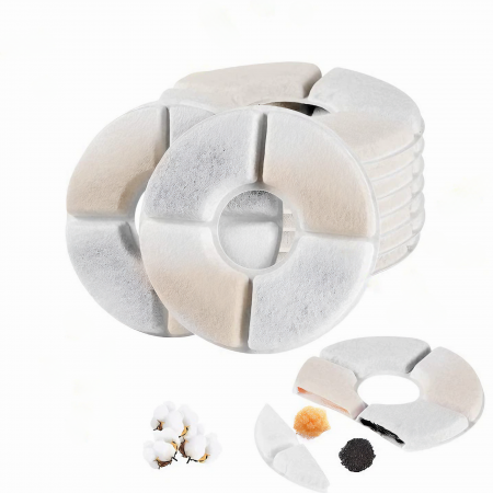 Petshop - Set 10 Filtre Rezerva pentru Dispenser Apa VarioShop®, tip adapator fantana pentru caini si pisici, purificare, ionizare, carbon activ, model rotund, dimensiune 12.5 cm, alb