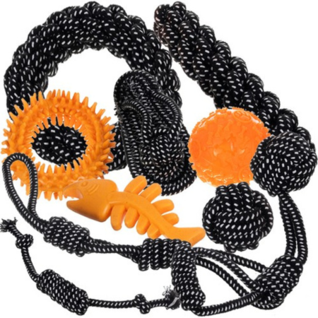 Ingrijire & Joaca - Set 10 Jucarii pentru Caini Mari, Franghii Rezistente de Tras, Remorcher cu Bucle si Noduri, Minge 7 cm cu Sunet si Recompense, Inel 17 cm, Jucarii Dentitie Cauciuc si Franghie