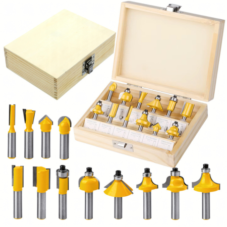 Scule electrice & Unelte - Set 12 piese freze lemn VarioShop®, 6,35 mm, cu lame din carbura, tija 1/4 inch, pentru profilare, caneluri si muchii decorative, organizator din lemn