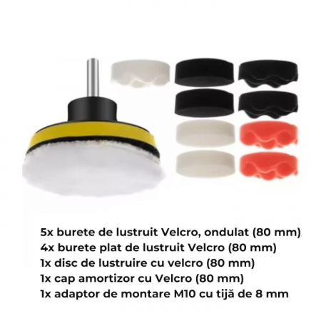 Set 12 Bureti pentru Polizare Auto VarioShop®, Adaptor pentru Bormasina, Potrivit pentru Burghie M10, Viteza de Rotatie 3000 RPM, Multicolor [1]