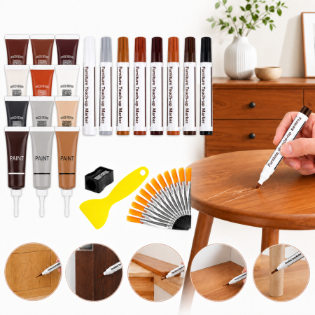 Utilaje si materiale de constructii - Set 12 culori reparare mobilier VarioShop®, cu markere de retus, ceruri, vopsele si pensule, pentru zgarieturi pe lemn, panouri si furnir