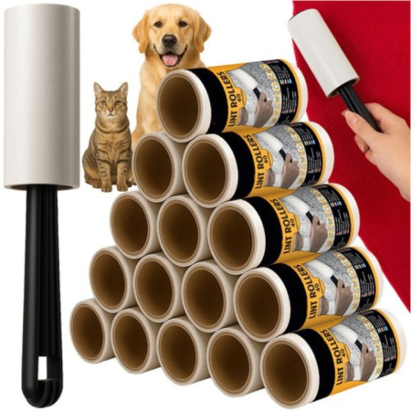 Casa & Bucatarie - Set 15 role adezive VarioShop®, pentru curatarea parului si blanii de pe haine si tapiterie, maner solid, 40 coli/rola