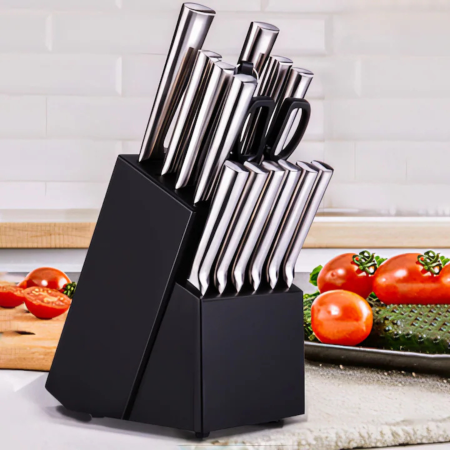 Gatit & preparare - Set 16 cutite de bucatarie VarioShop®, bloc suport, otel inoxidabil, cutit de paine, cutite pentru carne si legume, foarfeca, ascutitor, maner ergonomic, rezistenta ridicata, argintiu