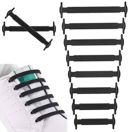 Set 16 sireturi elastice din silicon VarioShop®, design cu gauri duble, pentru pantofi sportivi si casual, Negru