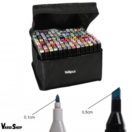 Set 168 markere duble VarioShop®, Carioci profesionale, Culori vii pe baza de alcool, 2 varfuri rezistente, 1 varf subtire rotund pentru contur si detalii, 1 varf lat pentru umplere si linii groase, g [24]