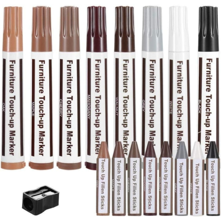 Set 17 Piese Reparare Mobila VarioShop®, Kit universal de Reparatii Rapide, 8 Markere, 8 Creioane, 1 Ascutitoare, Rezistenta la Abraziune si Spalare, Multicolor