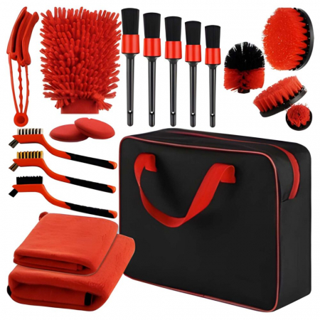 Set 18 Piese Detailing Auto VarioShop®, Curatare Interior Si Exterior, 4 Capete Pentru Bormasina, 5 Pensule, 3 Perii, 2 Lavete Profesionala, 1 Manusa, 1 Perie Tripla Grilaj, 2 bureti, Rosu-Negru