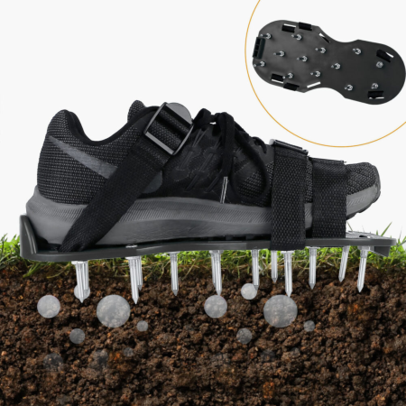 Set 2 aeratoare manuale pentru gazon VarioShop®, cu 26 de tepi din otel, talpi cu curele reglabile pentru afanarea solului, cresterea ierbii si drenaj eficient in gradina, Negru