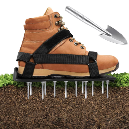 Set 2 aeratoare manuale pentru gazon VarioShop®, cu 26 de tepi din otel, talpi cu curele reglabile pentru afanarea solului, cresterea ierbii si drenaj eficient in gradina, Negru