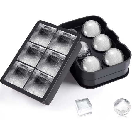Set 2 forme din silicon reutilizabil cu capace etanse VarioShop®, bile perfect rotunde si cuburi XXL de gheata 48 mm, include palnie de umplere, ideal pentru bauturi racoritoare, cocktailuri si whisky