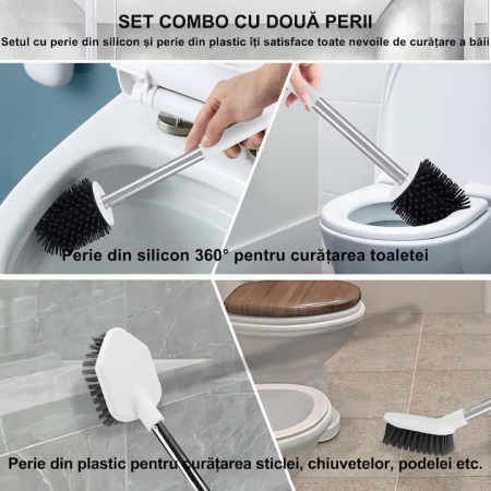 Set 2 Perii din Silicon pentru Toaleta VarioShop®, Suport Perii, pentru Cada, Chiuveta, Utilizare Universala, Cap Flexibil, Aspect Estetic, Alb [5]