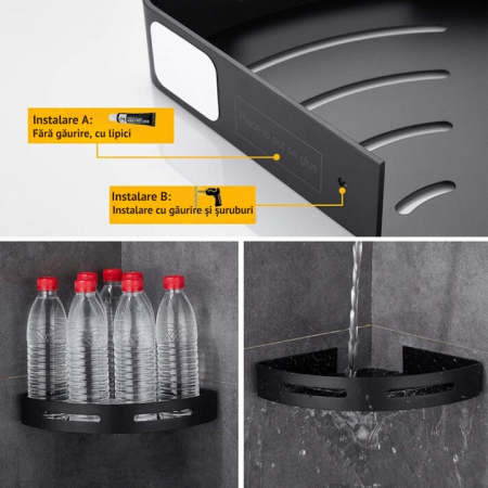 Set 2 rafturi colt pentru baie VarioShop®, Compact, Estetic, Rezistent la Apa, Economisire Spatiu, Lipire/Insurubare, Accesorii Montare, Plastic, 30.5 x 21 cm, Negru [4]
