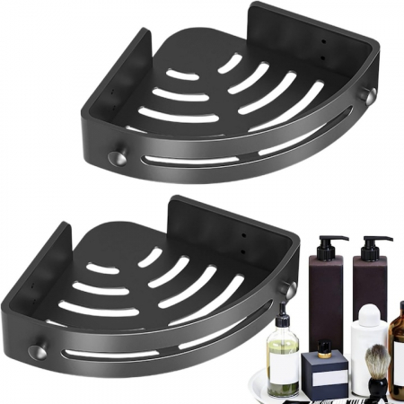 Set 2 rafturi colt pentru baie VarioShop®, Compact, Estetic, Rezistent la Apa, Economisire Spatiu, Lipire/Insurubare, Accesorii Montare, Plastic, 30.5 x 21 cm, Negru [5]