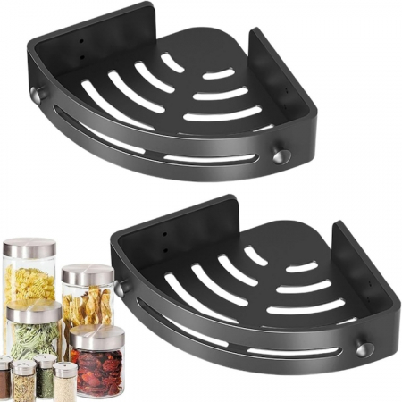 Set 2 rafturi colt pentru baie VarioShop®, Compact, Estetic, Rezistent la Apa, Economisire Spatiu, Lipire/Insurubare, Accesorii Montare, Plastic, 30.5 x 21 cm, Negru [10]