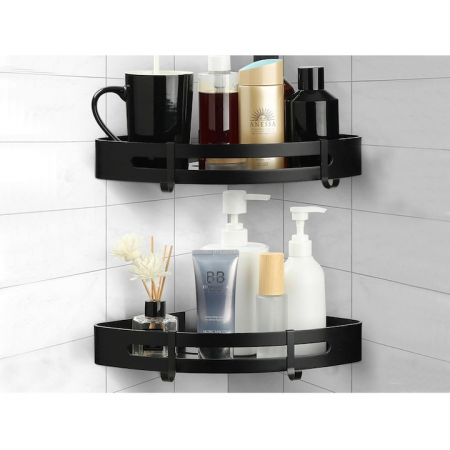 Set 2 rafturi de baie VarioShop®, Accesorii Montare, Rezistent la Apa, Economisire Spatiu, Aluminiu, 23 x 22 cm, Negru [6]