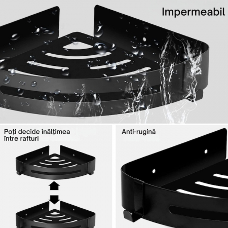 Set 2 rafturi de baie VarioShop®, Accesorii Montare, Rezistent la Apa, Economisire Spatiu, Aluminiu, 23 x 22 cm, Negru [1]