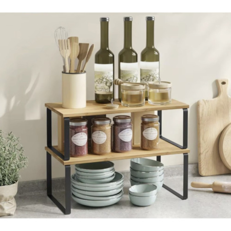 Bucatarie & Servire - Set 2 rafturi de bucatarie din bambus pentru condimente VarioShop®, organizator vertical de blat, suport compact pentru ierburi aromatice, accesorii si sticle, include surubelnita si suruburi, design