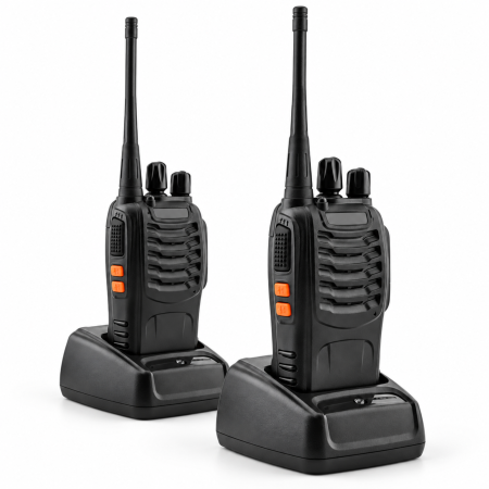 Dispozitive spionaj - Set 2 statii walkie-talkie VarioShop®, pentru comunicare directa, 16 canale, lanterna LED, acumulatori 1500 mAh, incarcatoare incluse, 21 x 6 cm, negru