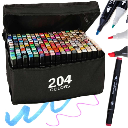 Markere - Set 204 markere duble VarioShop®, Carioci profesionale, Culori vii pe baza de alcool, 2 varfuri rezistente, 1 varf subtire rotund pentru contur si detalii, 1 varf lat pentru umplere si linii groase