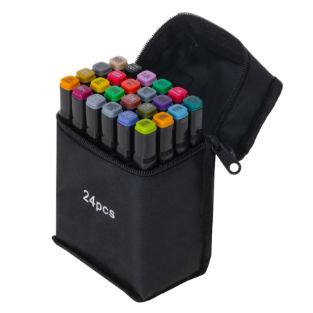 Markere - Set 24 markere duble VarioShop®, Carioci profesionale, Culori vii pe baza de alcool, 2 varfuri rezistente, geanta depozitare, Multicolore
