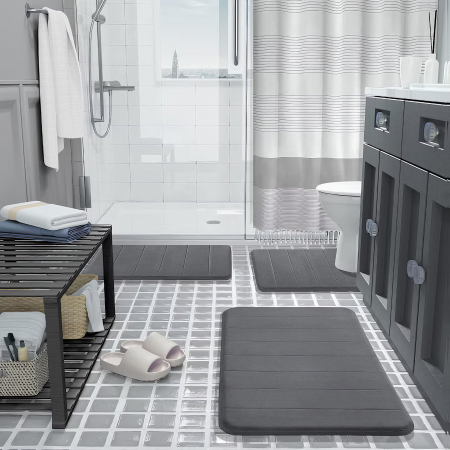 Set 3 Covorase de baie VarioShop®, Antiderapante, Spuma cu memorie, Microfibra, pentru WC, Chiuveta si Cada/dus, 80x50 & 60x50 & 60x40cm, Gri Deschis [16]