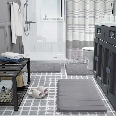 Set 3 Covorase de baie VarioShop®, Antiderapante, Spuma cu memorie, Microfibra, pentru WC, Chiuveta si Cada/dus, 80x50 & 60x50 & 60x40cm, Gri Deschis [45]