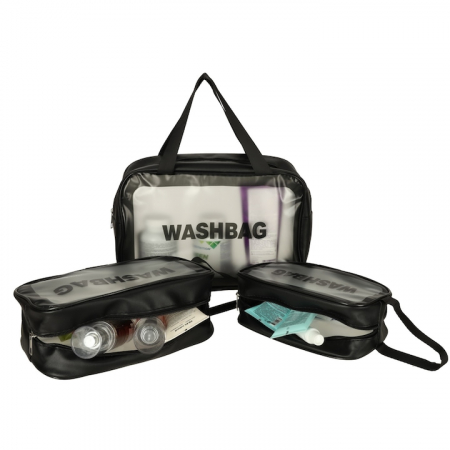 Set 3 genti cosmetice pentru calatorii VarioShop®, rezistente la apa, marimi diferite, suprafata mata translucida, negru [6]
