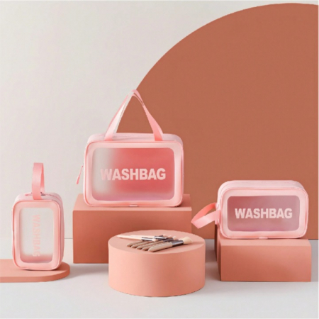 Set 3 genti cosmetice VarioShop®, ideale pentru calatorii, impermeabile, portabile, cu fermoar si maner, design elegant, dimensiuni diferite, Roz [3]