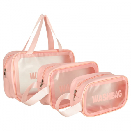 Machiaj - Set 3 genti cosmetice VarioShop®, ideale pentru calatorii, impermeabile, portabile, cu fermoar si maner, design elegant, dimensiuni diferite, Roz